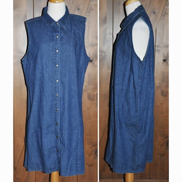 L L Bean Blue Denim Jean Sleeveless Collared Button Down Front Dress 100% Cotton - Picture 1 of 4